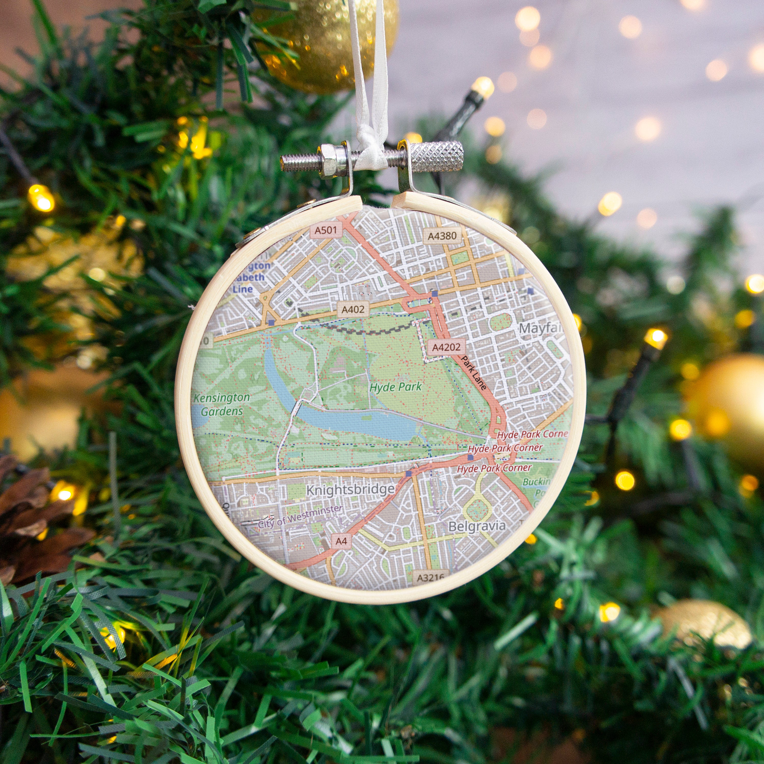 Christmas tree bauble decoration with special location map. Hanging Xmas ornament dec embroidery hoop with custom map printed