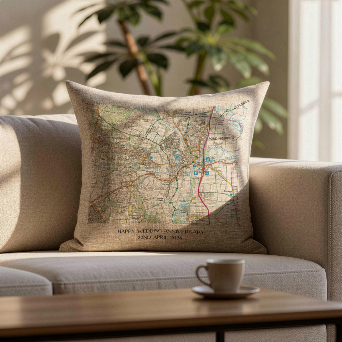 OS Map linen cushion for 4th or 12th wedding anniversary gift. Special location