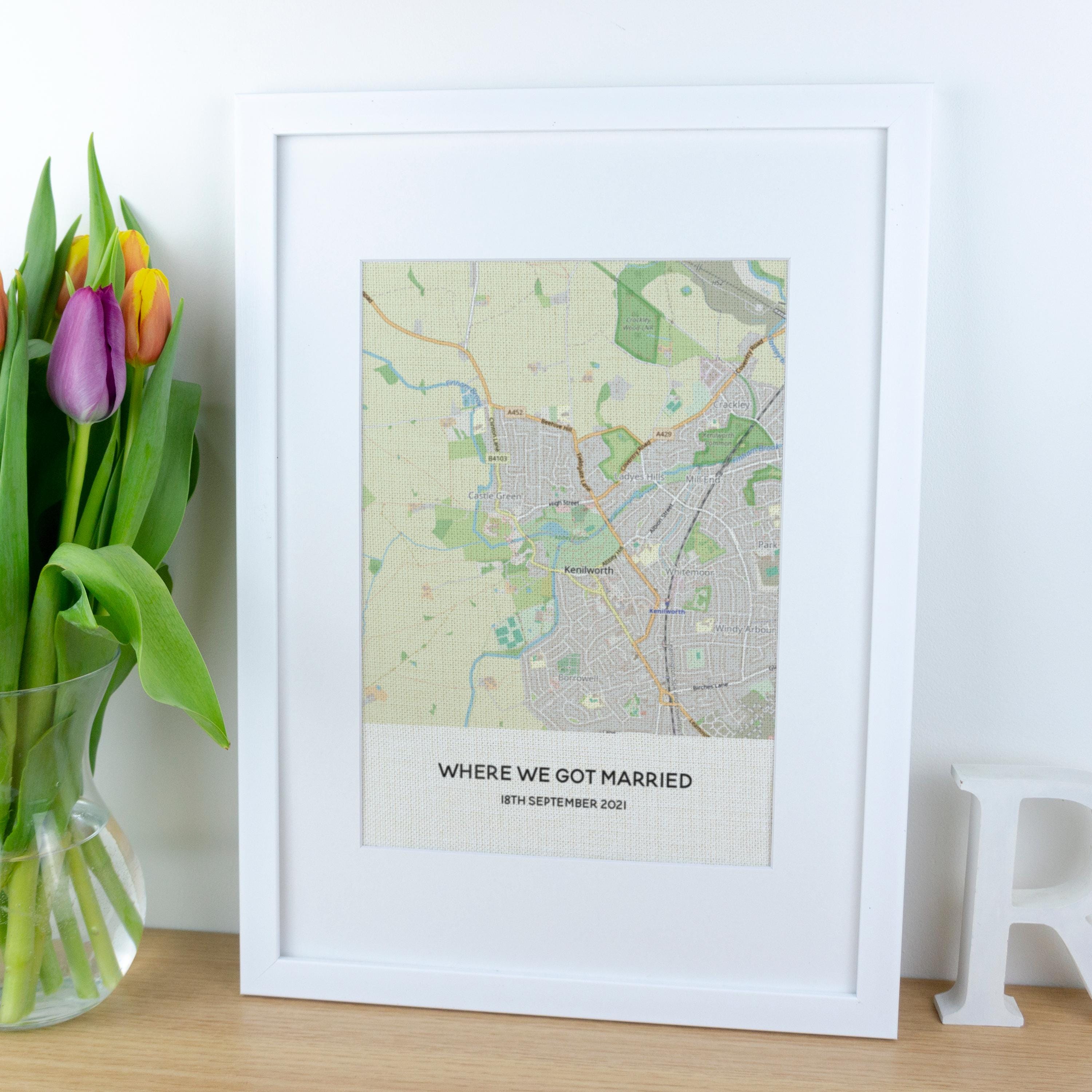 Personalised 4th wedding anniversary map printed on linen fabric and framed