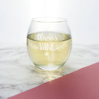 Stemless wine glass personalised with name and floral design. Custom engraved red, white wine glasses. Personalised gift for her mum