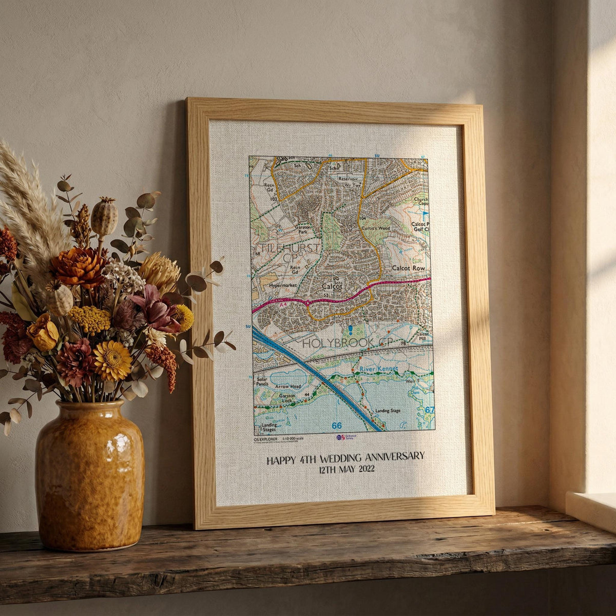 OS Map Print on linen fabric framed for 4th or 12th wedding anniversary gift. Custom location