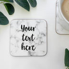 Custom text coaster with any personalised words marble background. Drinks mat with your text here script calligraphy font bold handwritten