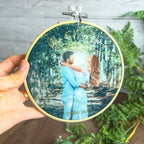 Cotton 2nd wedding anniversary gift for him her husband wife with personalised photo. Embroidery hoop frame with couples photography print
