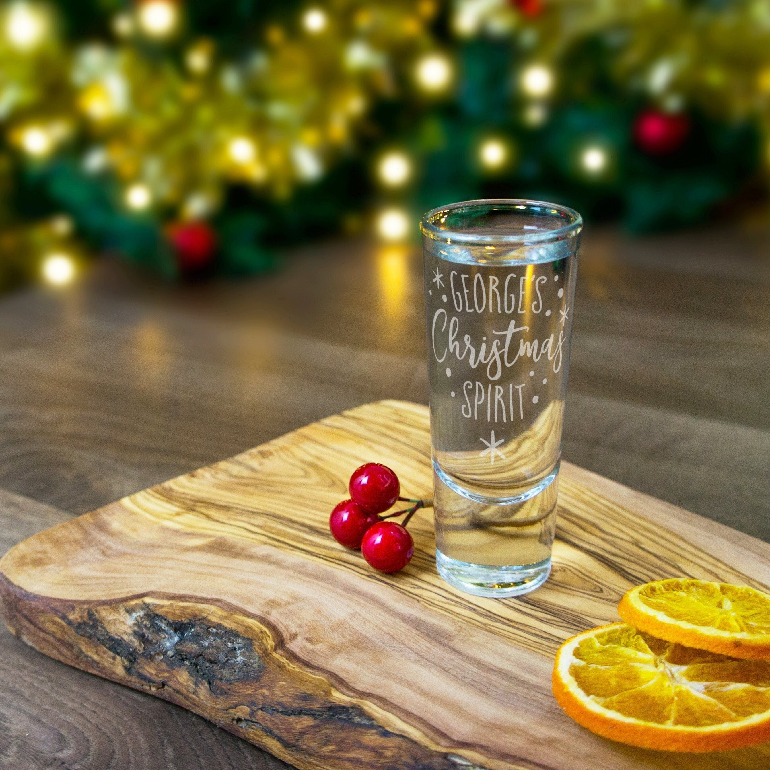 Christmas spirit shot glass personalised with name. Xmas drinking glasses. Christmas gifts for him, her, son, daughter. Engraved glass