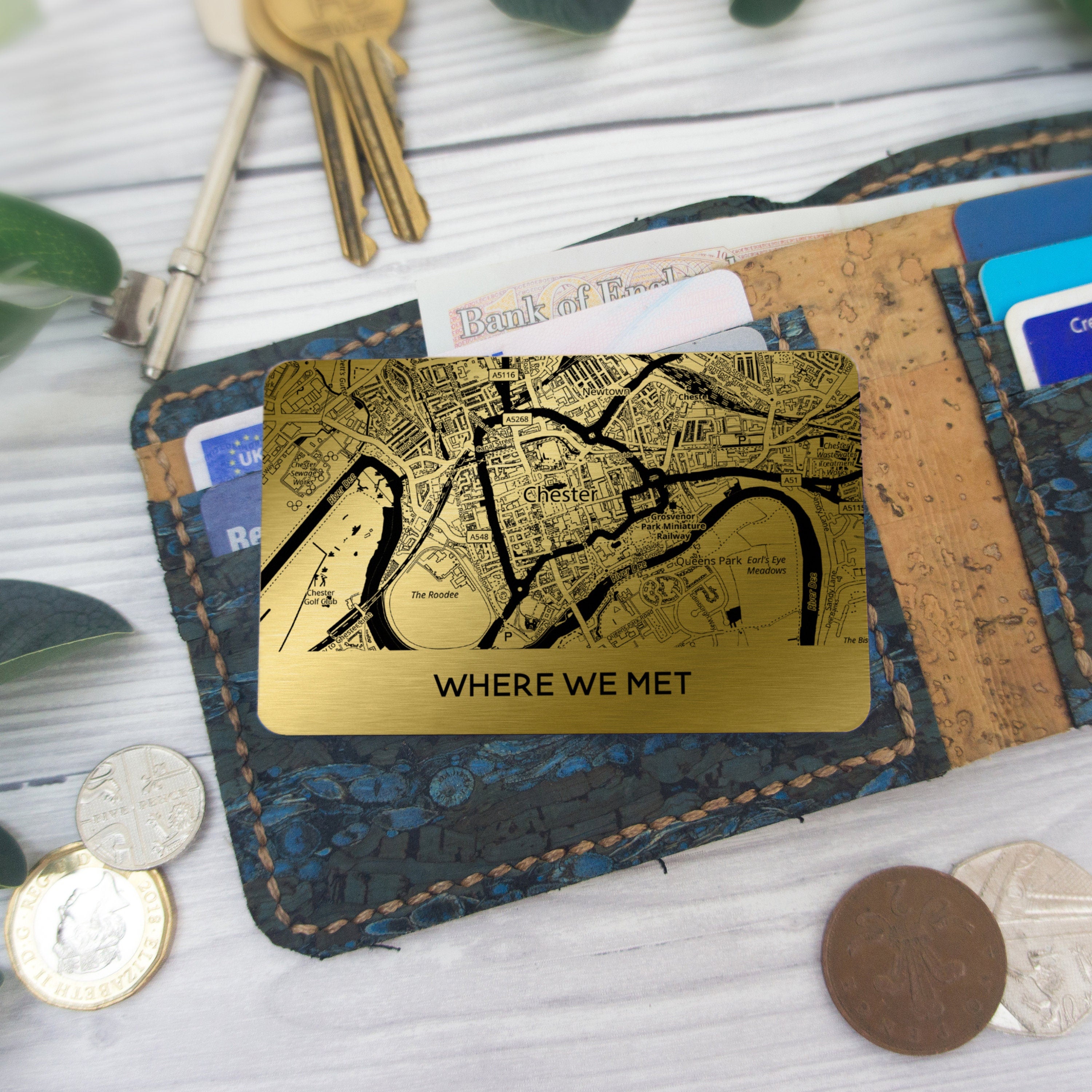 Personalised Gold Wallet Card, Map Design, Anniversary Keepsake (Custom Text)