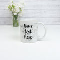 Custom text mug with any personalised words marble background. Ceramic mugs with your text here in script calligraphy font bold handwritten
