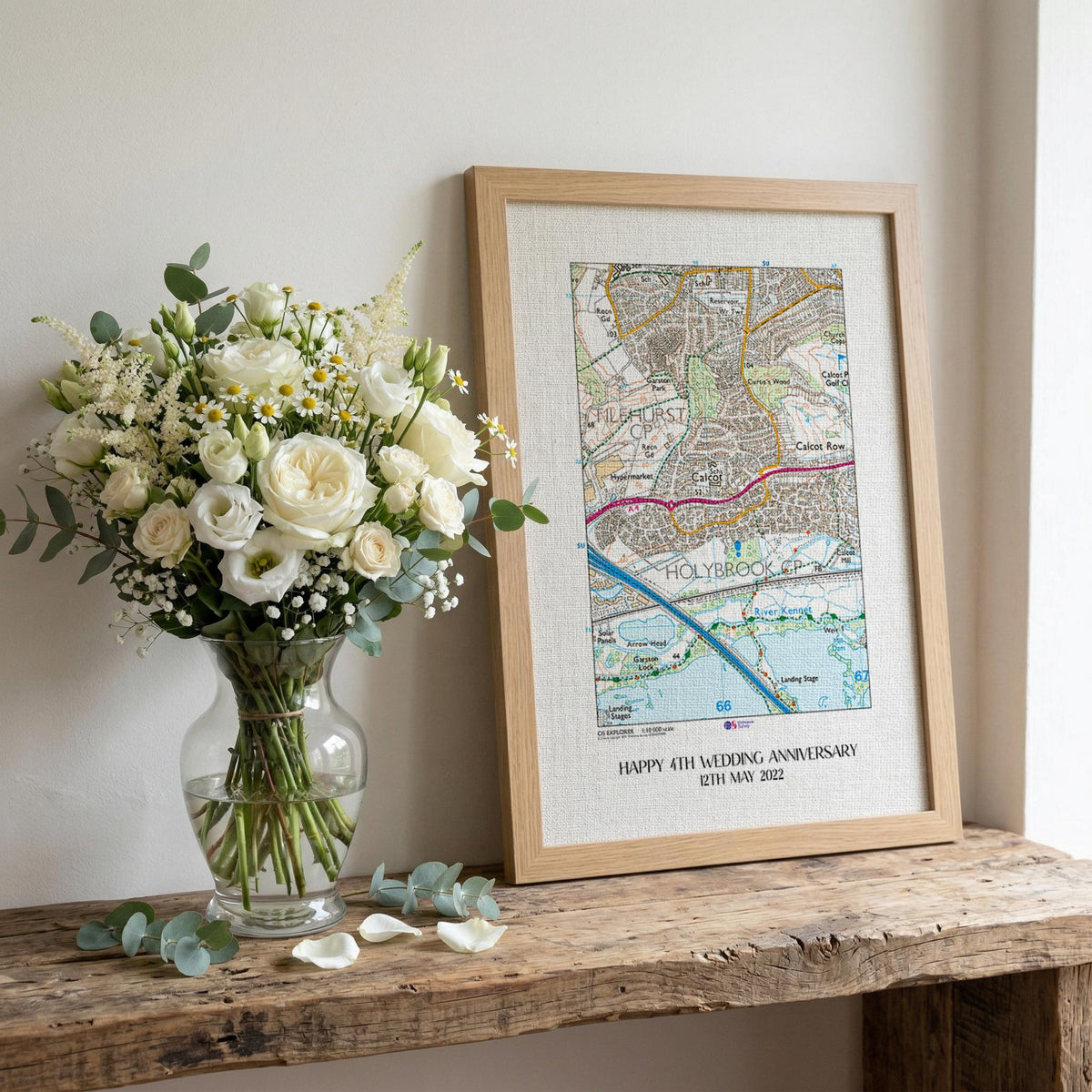OS Map Print on linen fabric framed for 4th or 12th wedding anniversary gift. Custom location
