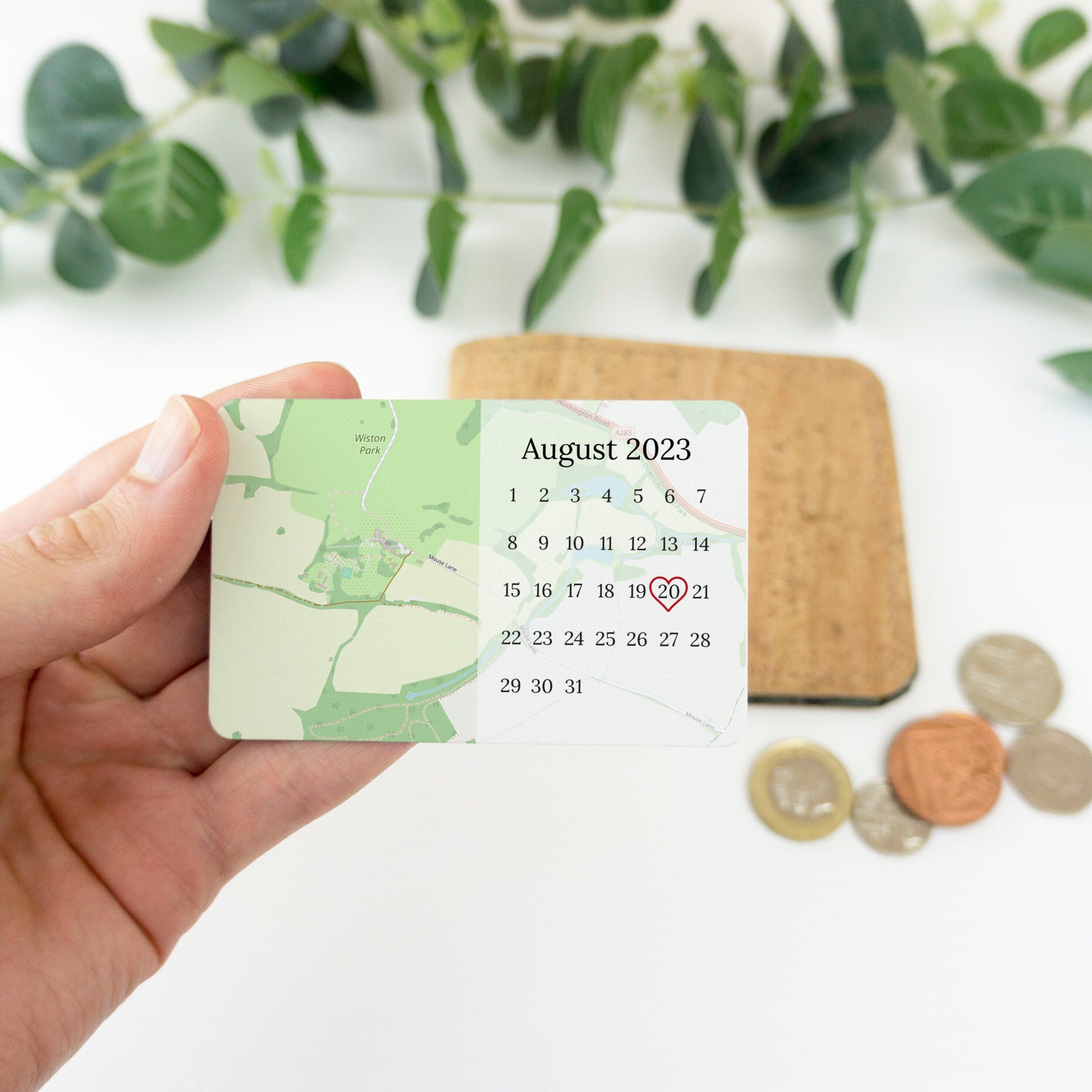 Wedding anniversary gift for husband or wife. Personalised map and special date printed on metal wallet card keepsake. Gift for him or her