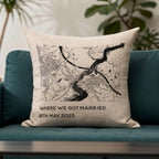 Personalised Map linen cushion for 4th or 12th wedding anniversary gift, black & white