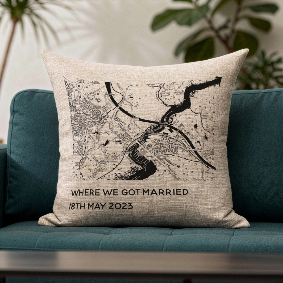 Personalised Map linen cushion for 4th or 12th wedding anniversary gift, black & white