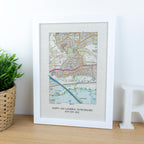 OS Map Print on linen fabric framed for 4th or 12th wedding anniversary gift. Custom location