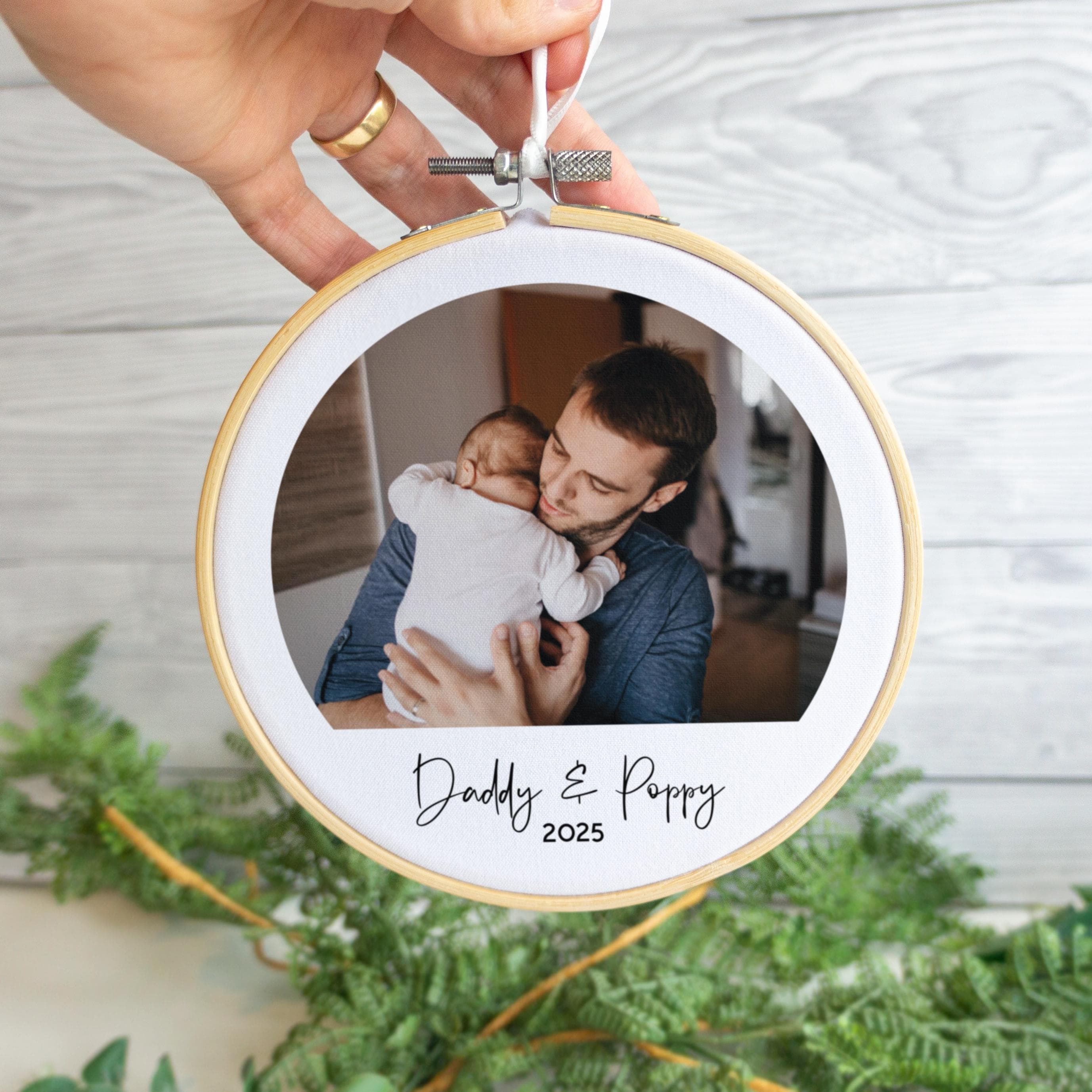 1st Father's Day gift for him from newborn child. Cotton embroidery hoop frame with photography of Daddy and baby print.