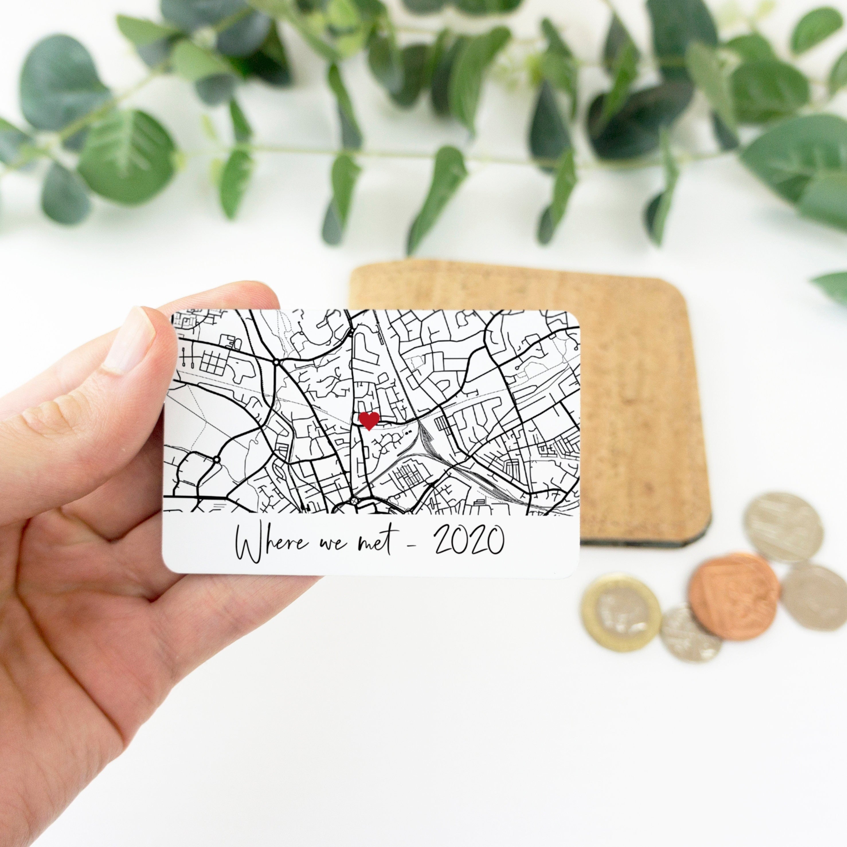 Valentine's Day gift for her, Black and white map wallet card where we met our first date keepsake for anniversary gift for boyfriend him