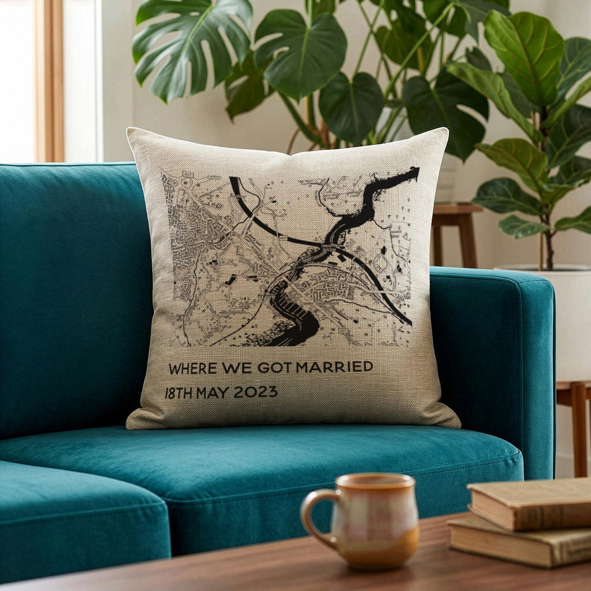 Personalised Map linen cushion for 4th or 12th wedding anniversary gift, black & white
