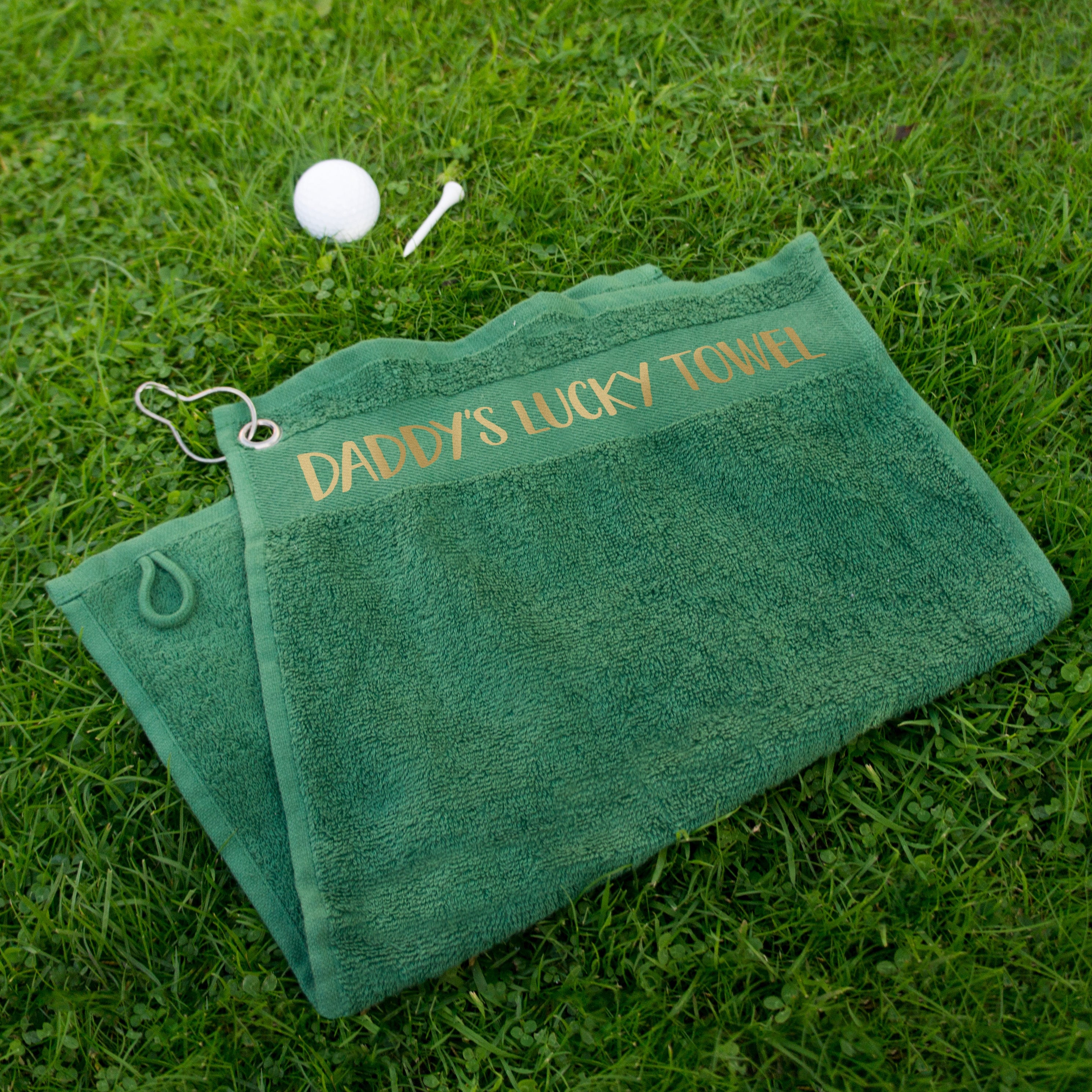 Personalised lucky golf towel with name. Custom golfing towel, green blue red black, gift for him, gift for her golfers, fathers day present