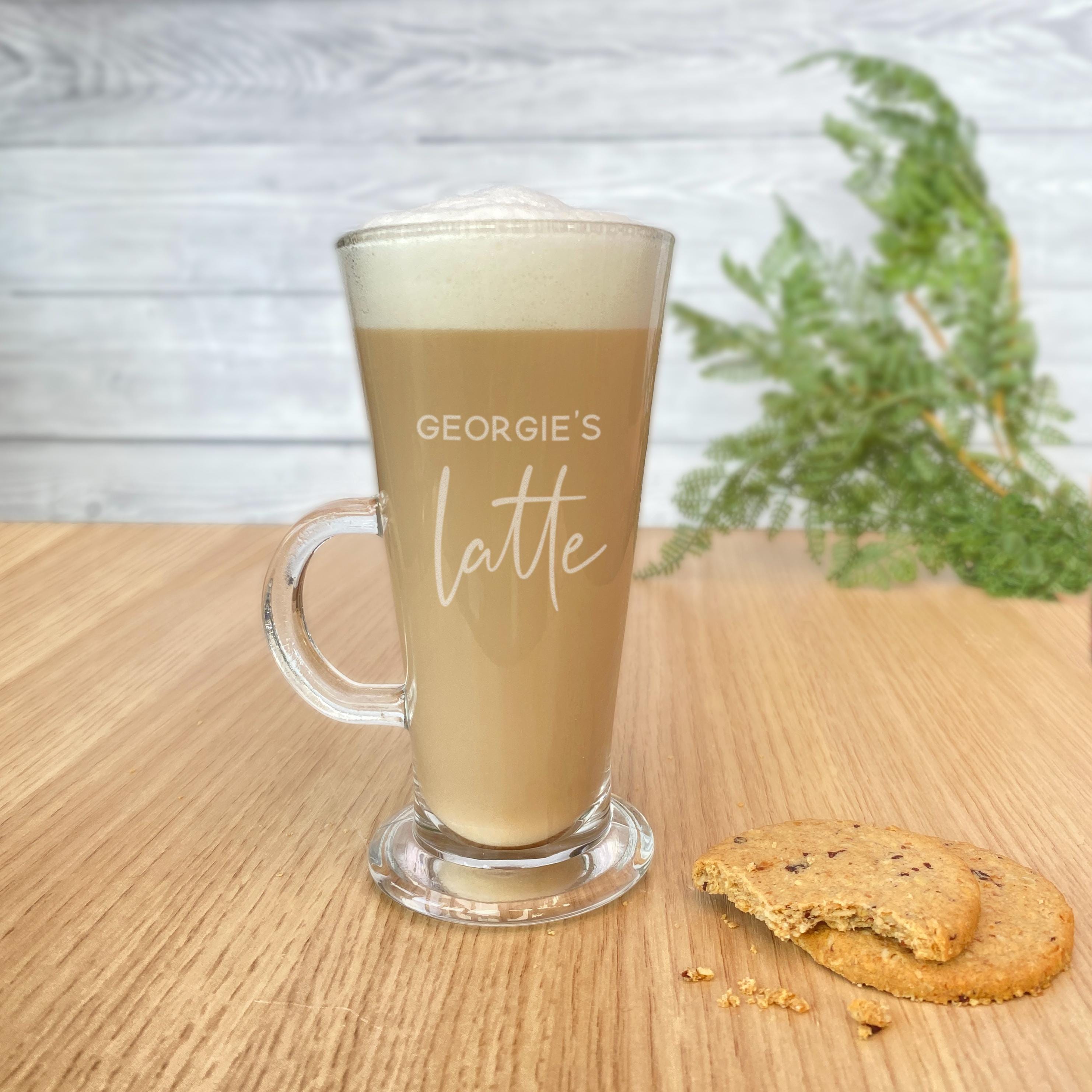 Personalised mocha coffee glass with engraved custom name on tall drinks glasses. Christmas gift for him or her stocking filler present idea