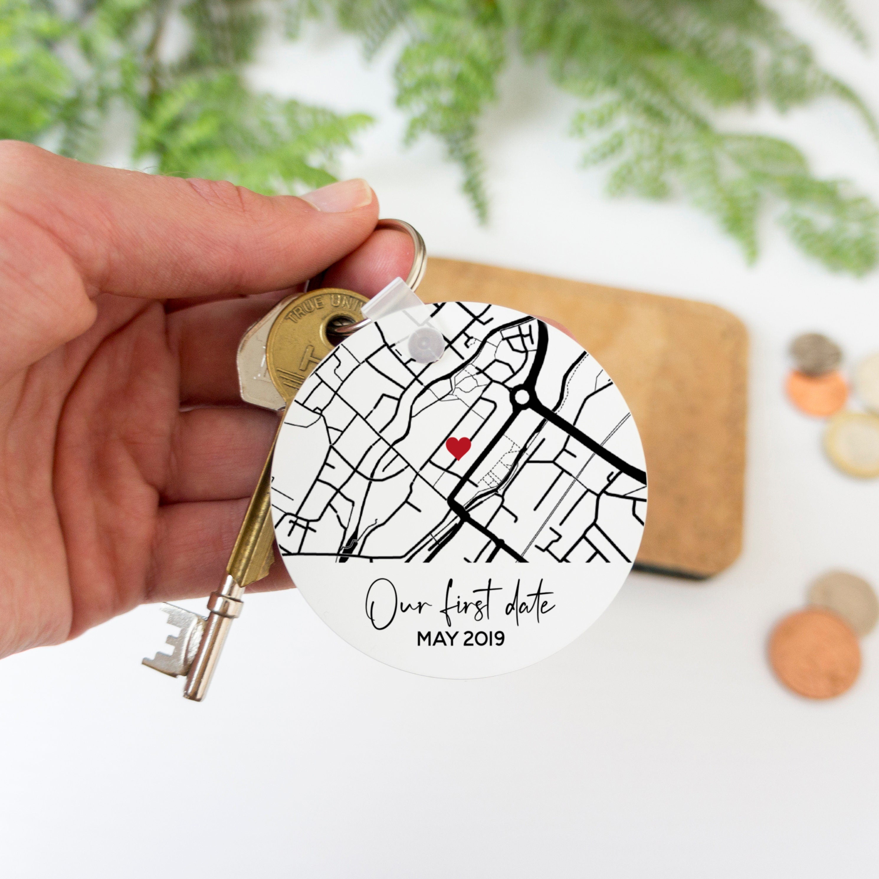 Personalised Map Keyring: Black & White Round Design, Custom Text