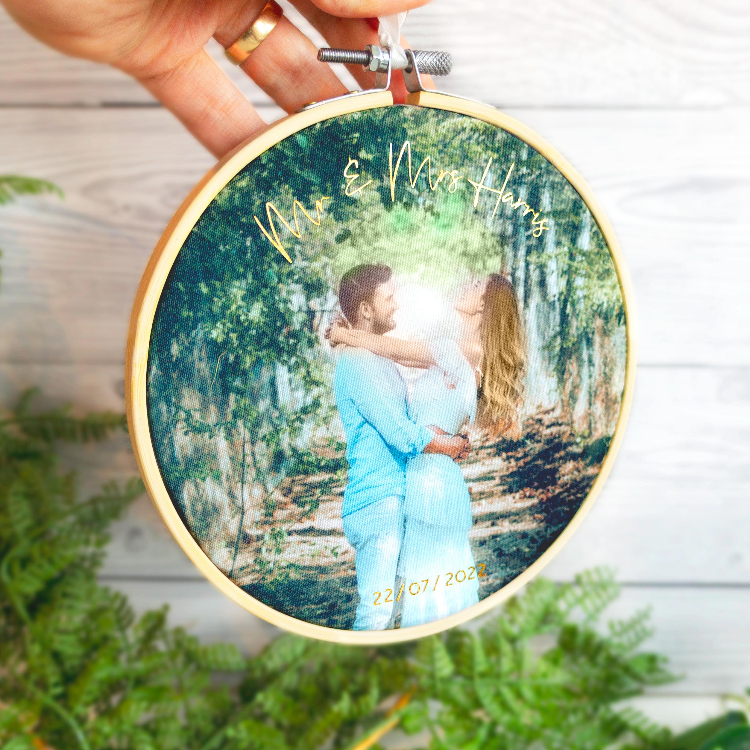 1st Father's Day gift for him from newborn child. Cotton embroidery hoop frame with photography of Daddy and baby print for new dad