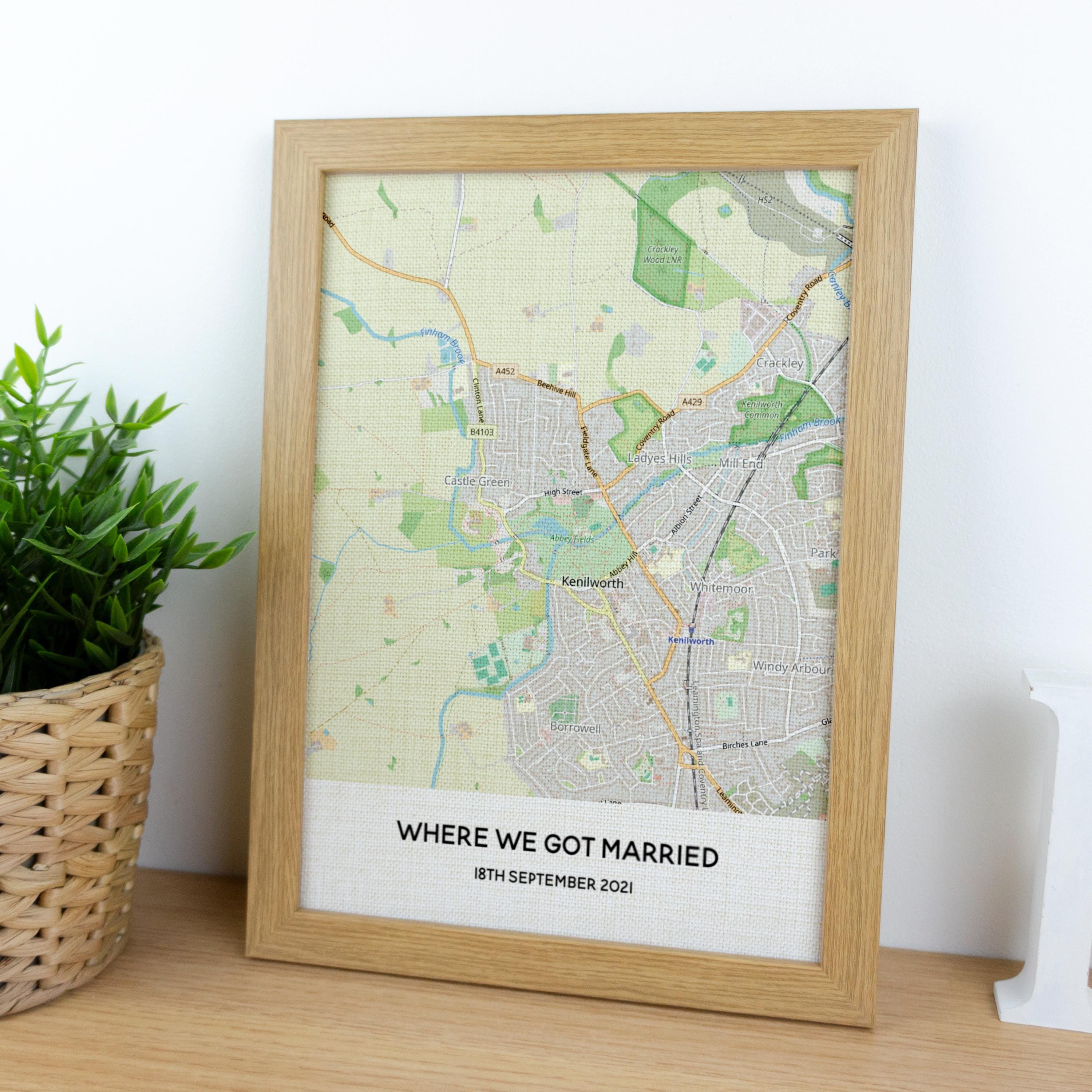 Personalised 4th wedding anniversary map printed on linen fabric and framed