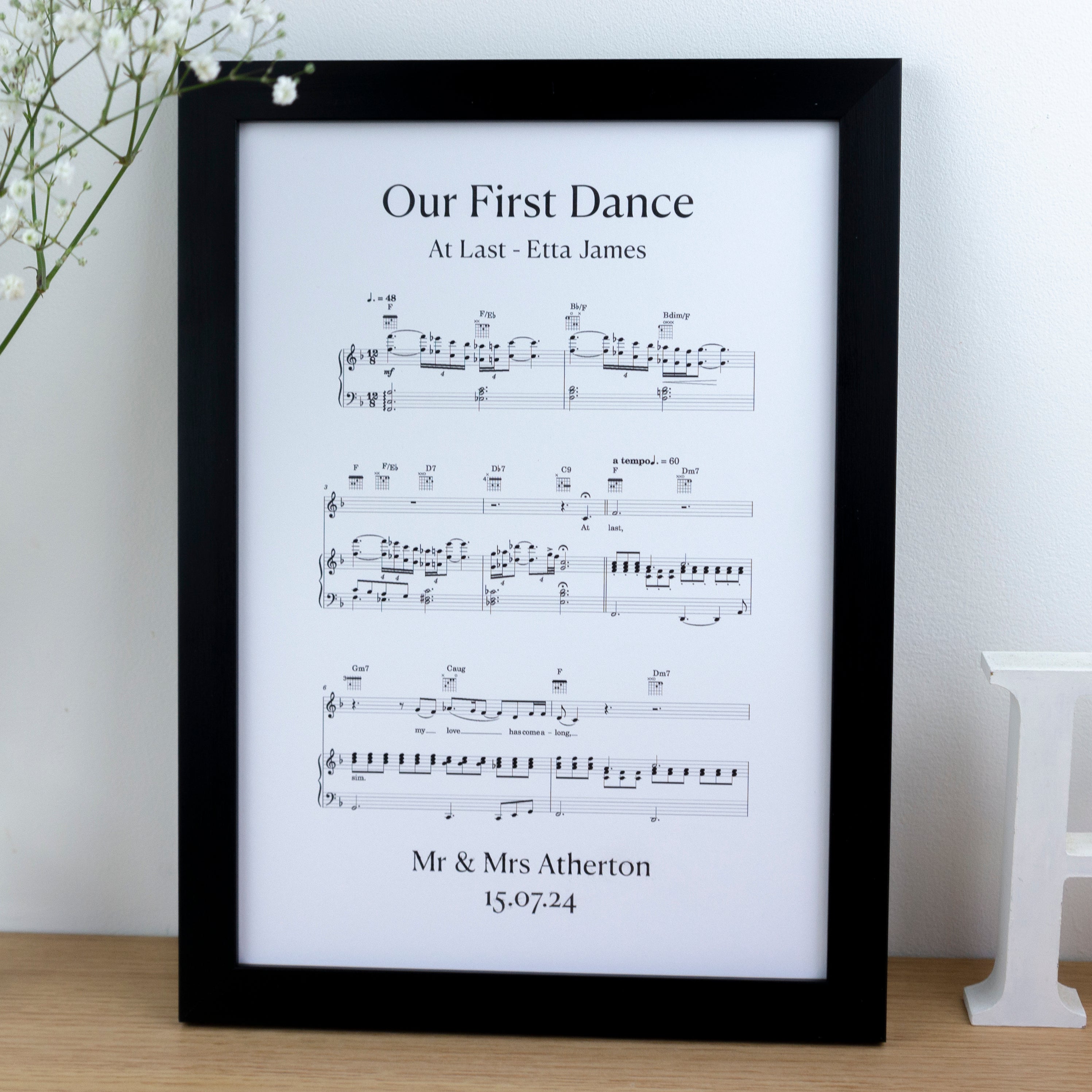 First dance song sheet music print on card for 1st paper anniversary