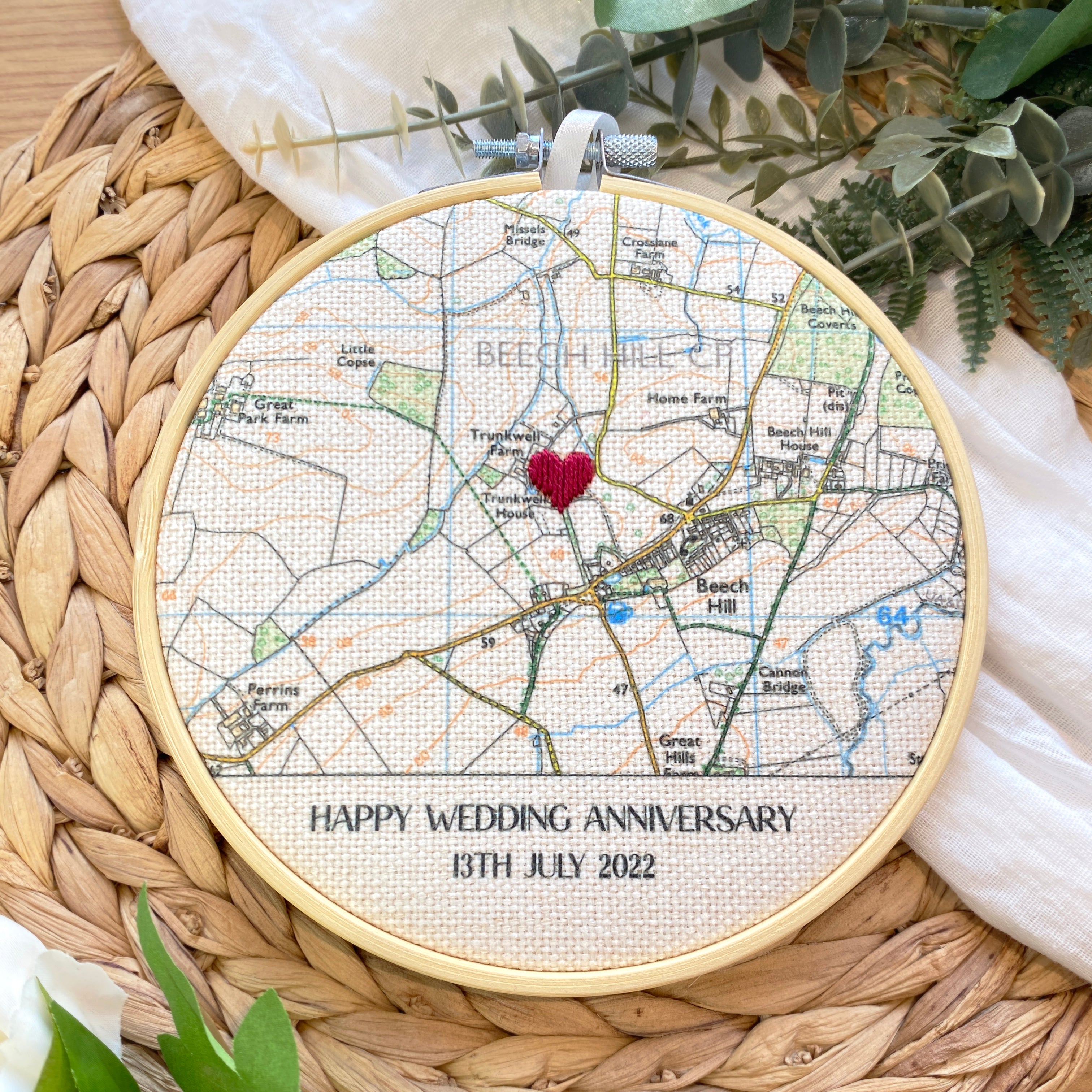OS map embroidery hoop for 4th Linen wedding anniversary gift for husband wife him her Valentines gift for boyfriend girlfriend