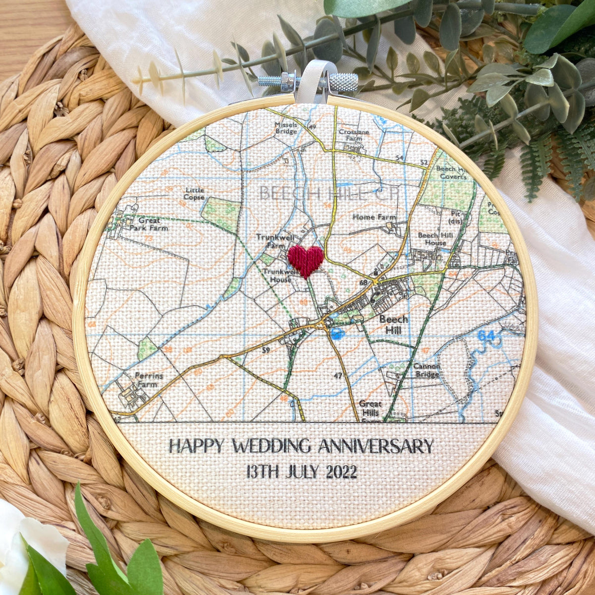 OS map embroidery hoop for 4th Linen wedding anniversary gift for husband wife him her Valentines gift for boyfriend girlfriend