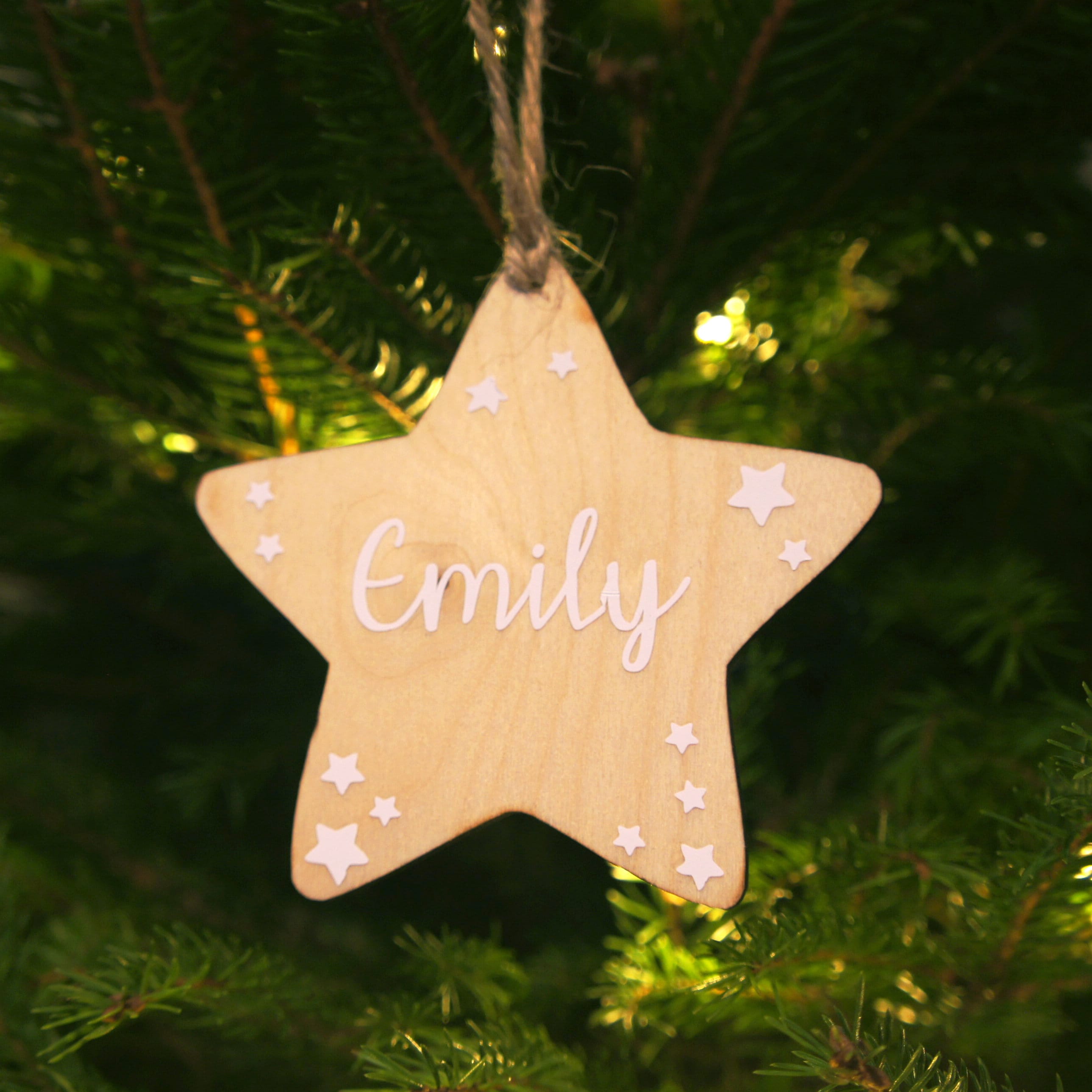 Personalised name christmas star tree decoration, hanging wooden gold star xmas dec, baby first christmas bauble. holiday decorations 2020