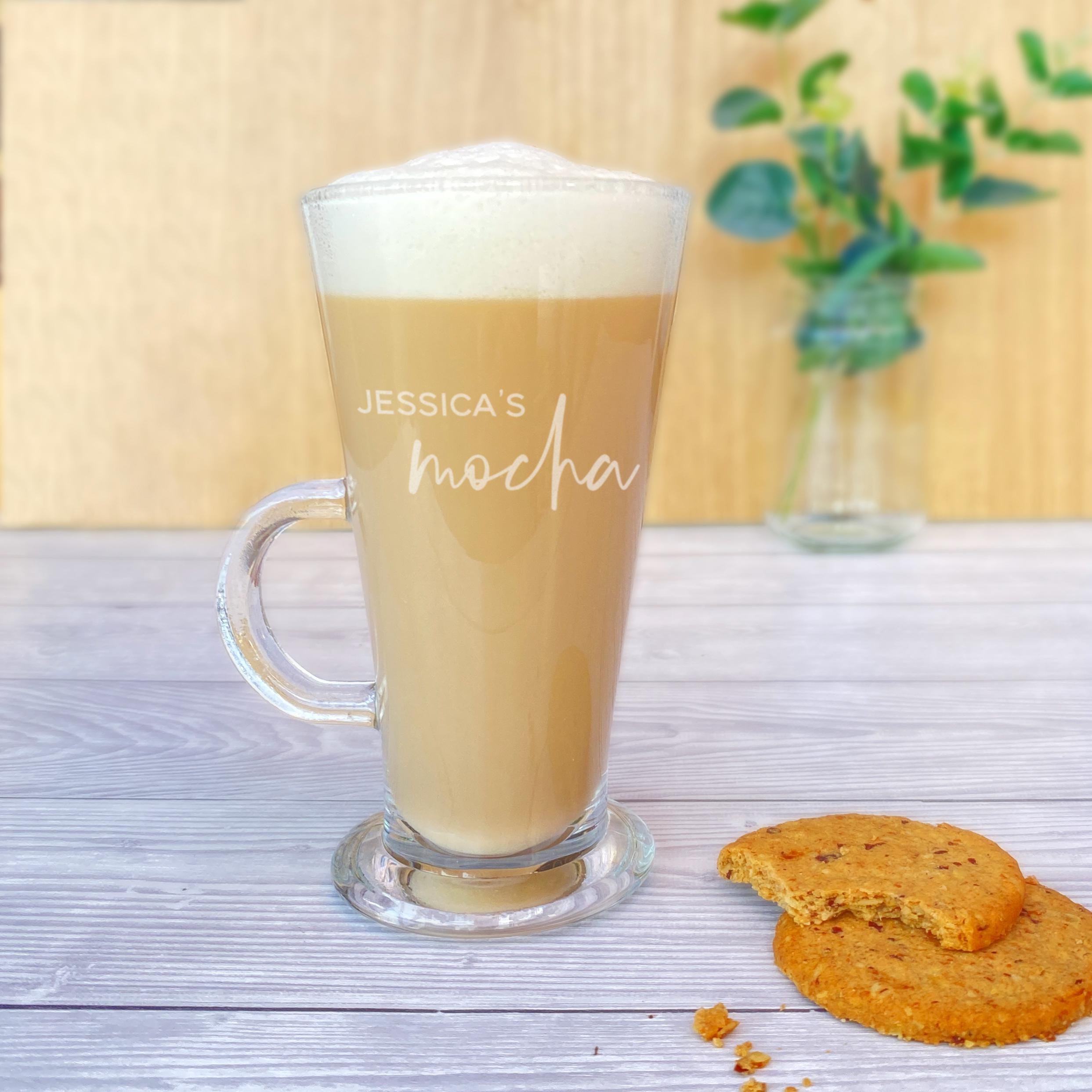 Personalised mocha coffee glass with engraved custom name on tall drinks glasses. Christmas gift for him or her stocking filler present idea