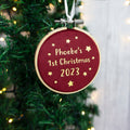 Baby's first Christmas bauble tree decoration. New child's 1st xmas velvet hanging embroidery hoop ornament for new parent gift