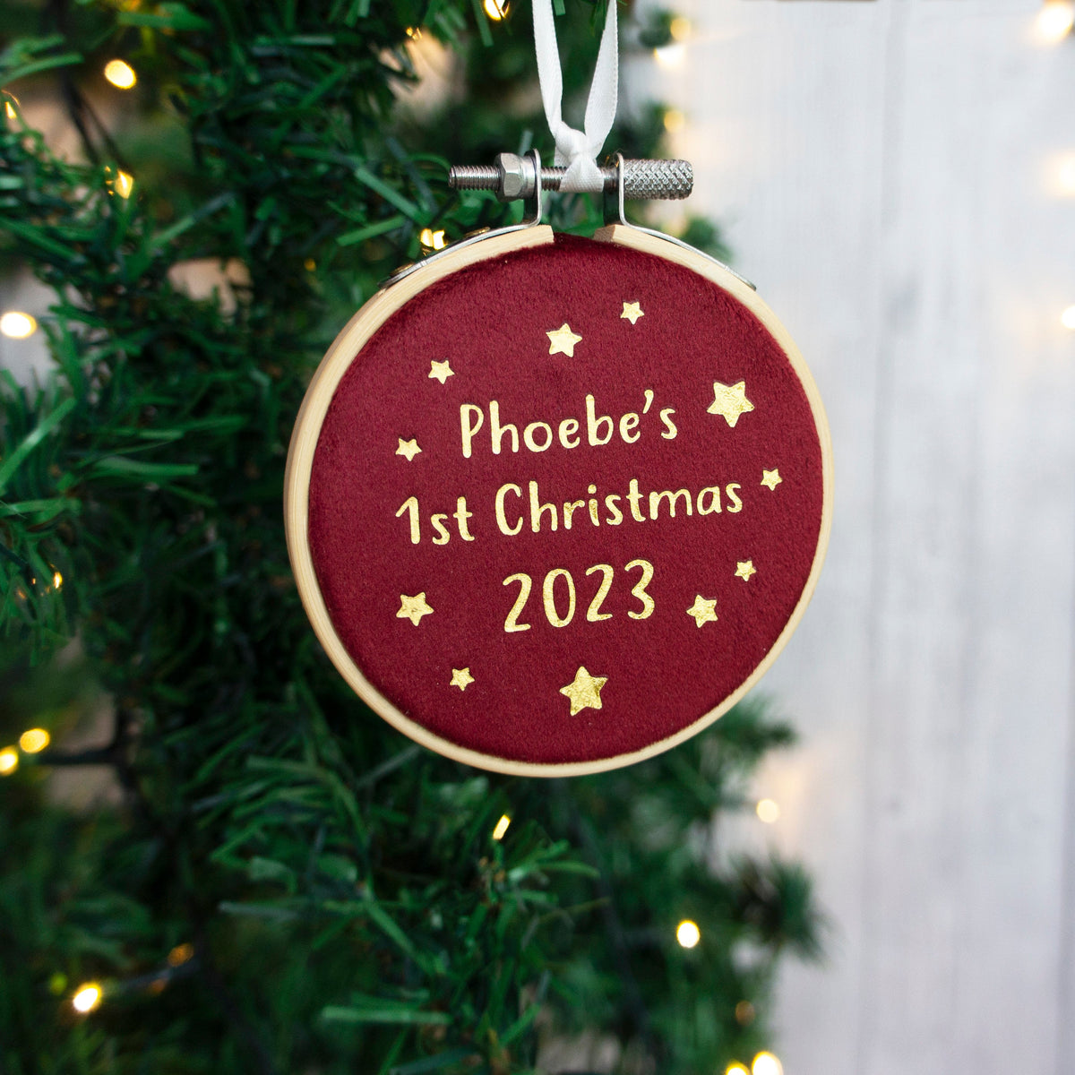 Baby's first Christmas bauble tree decoration. New child's 1st xmas velvet hanging embroidery hoop ornament for new parent gift