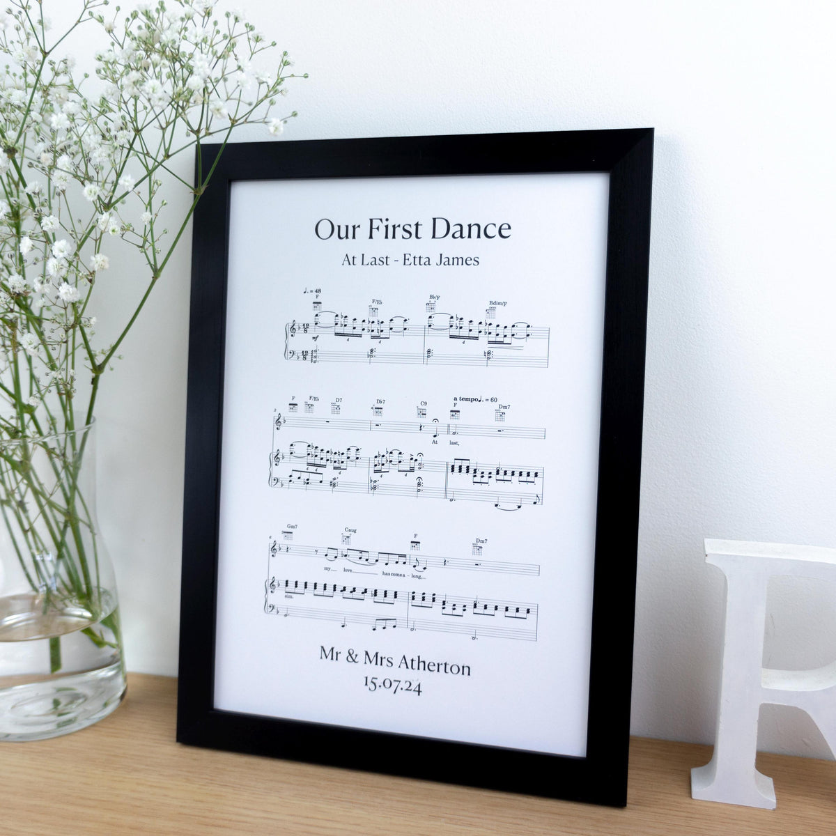 First dance song sheet music print on card for 1st paper anniversary