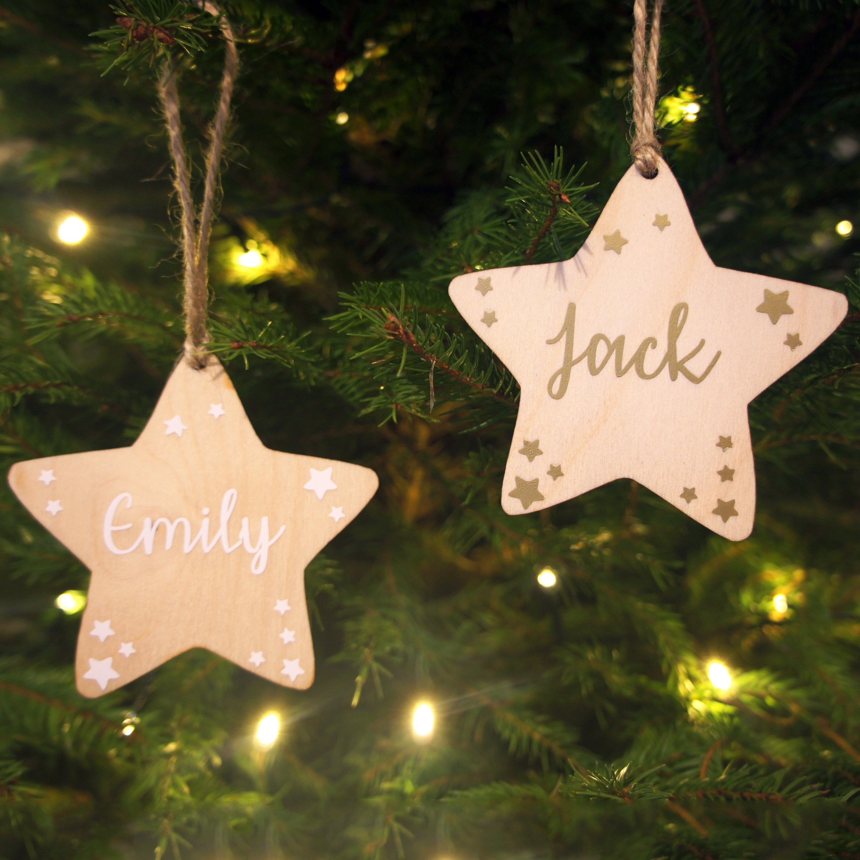 Personalised name christmas star tree decoration, hanging wooden gold star xmas dec, baby first christmas bauble. holiday decorations 2020