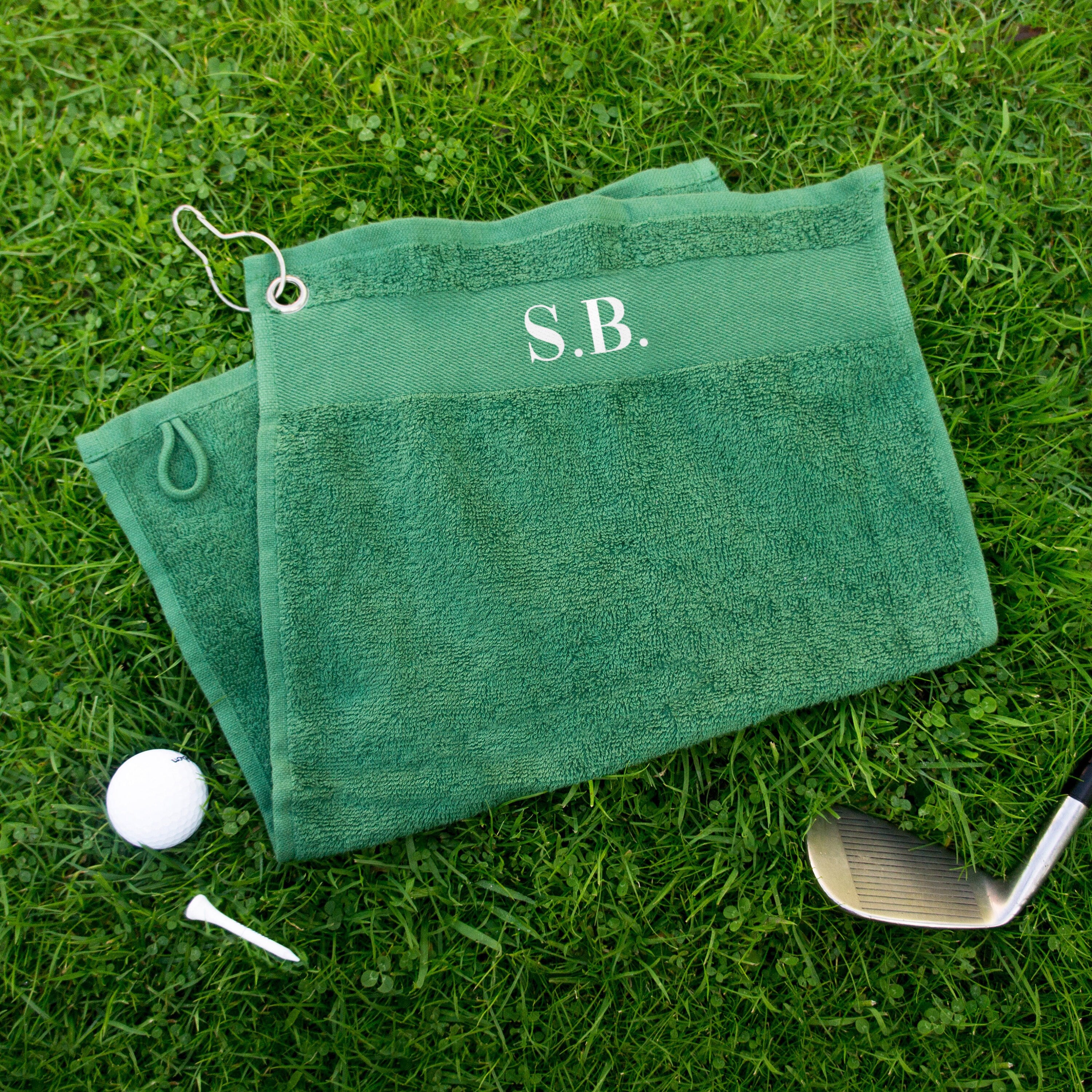 Personalised golf towel with initials. Custom golfers towel with hook, clip on, unique gift for him, dad golf gift secret Santa gift for men
