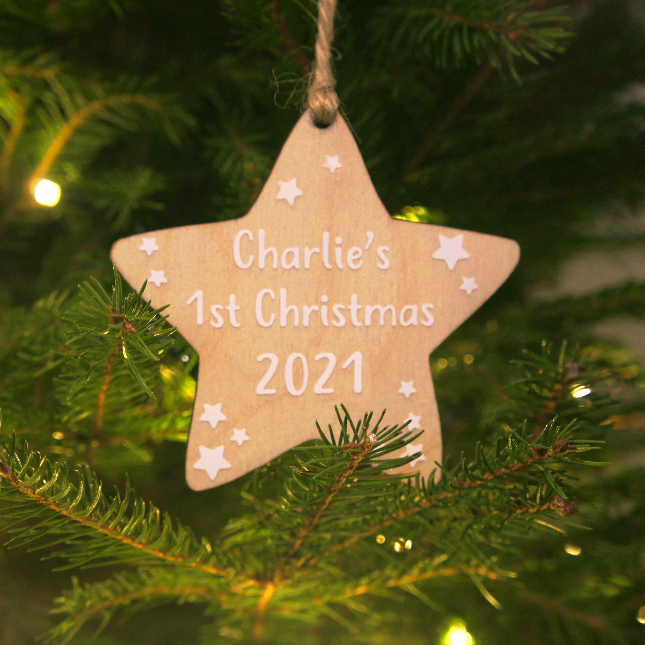 Personalised 1st christmas star tree decorations 2021, hanging wooden star xmas dec, babys first christmas bauble holiday ornaments