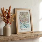 OS Map Print on linen fabric framed for 4th or 12th wedding anniversary gift. Custom location