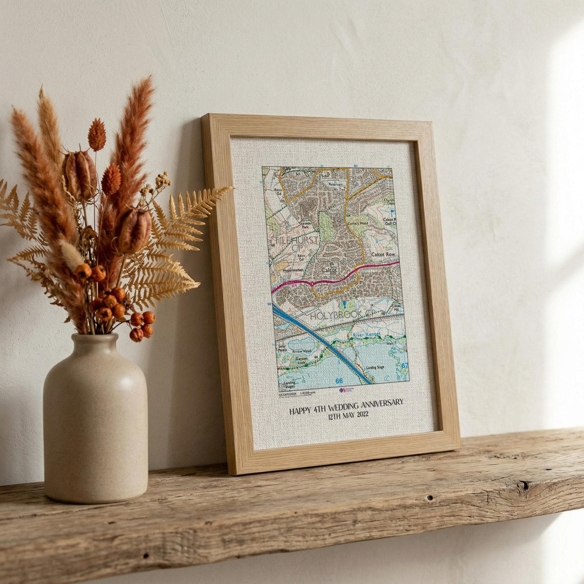 OS Map Print on linen fabric framed for 4th or 12th wedding anniversary gift. Custom location