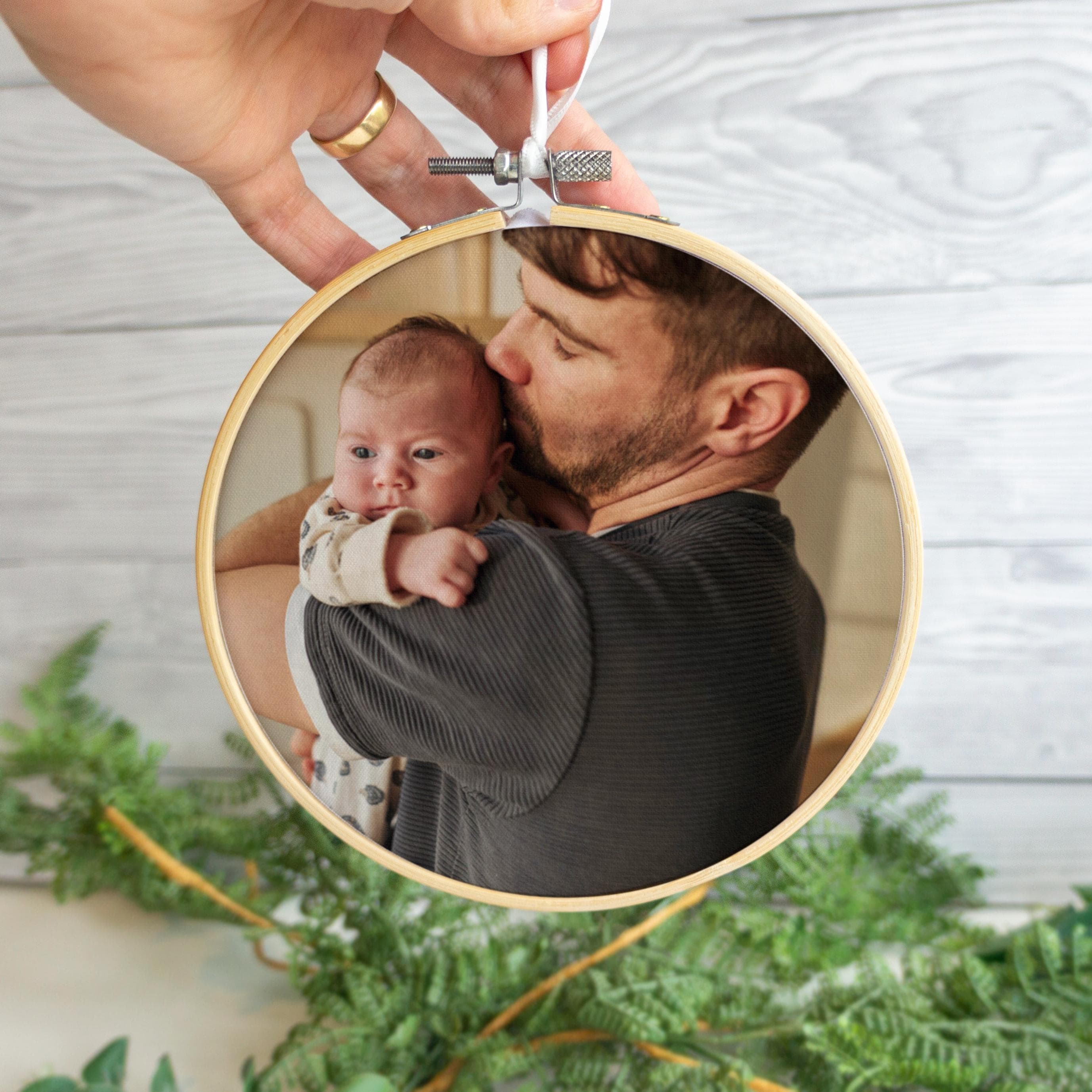 1st Father's Day gift for him from newborn child. Cotton embroidery hoop frame with photography of Daddy and baby print for new dad