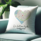New first home cushion gift for couples. Area map of new family house for housewarming. New homeowners cushion cover with heart