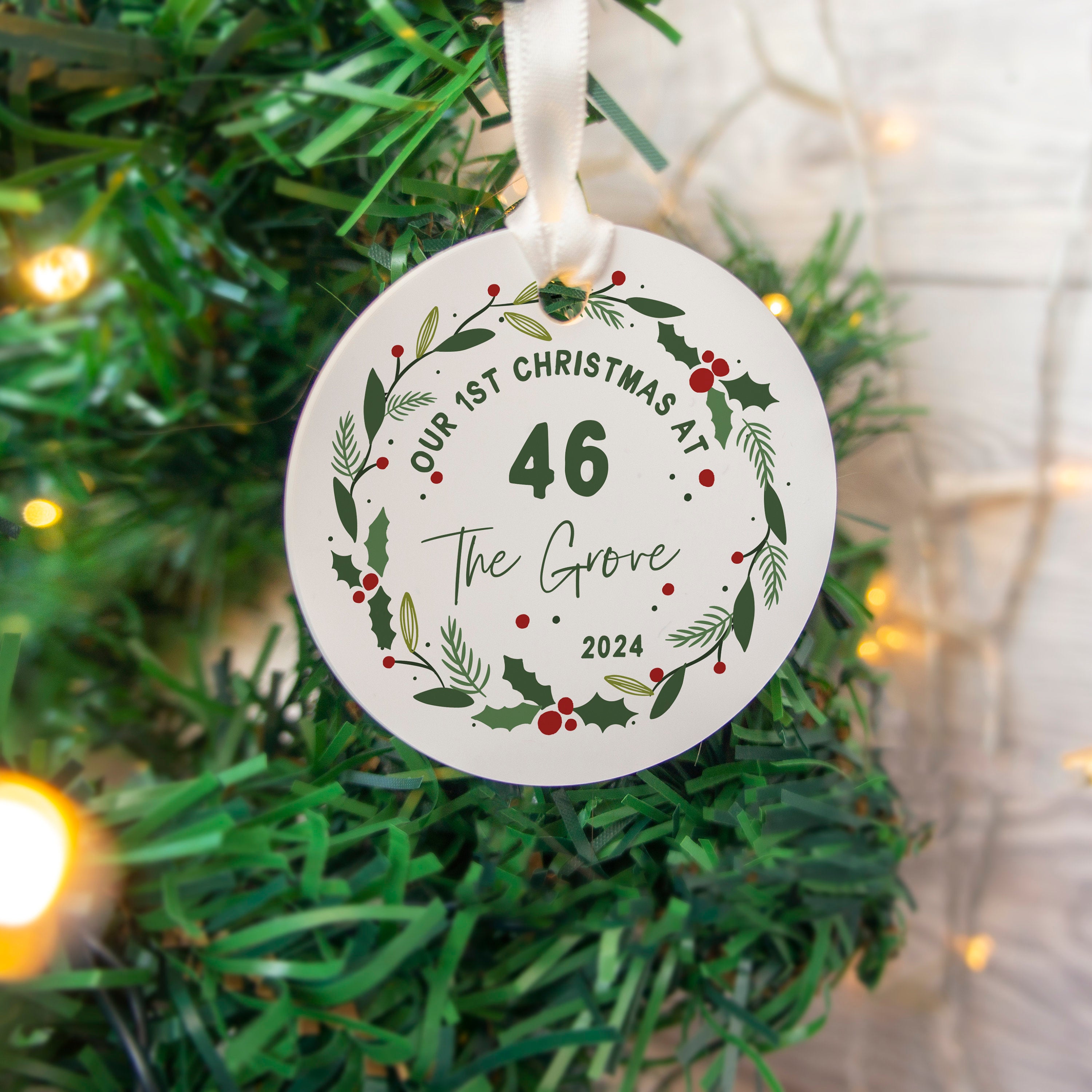 New Home Christmas Bauble, Personalised Hanging Ornament (Custom Text)