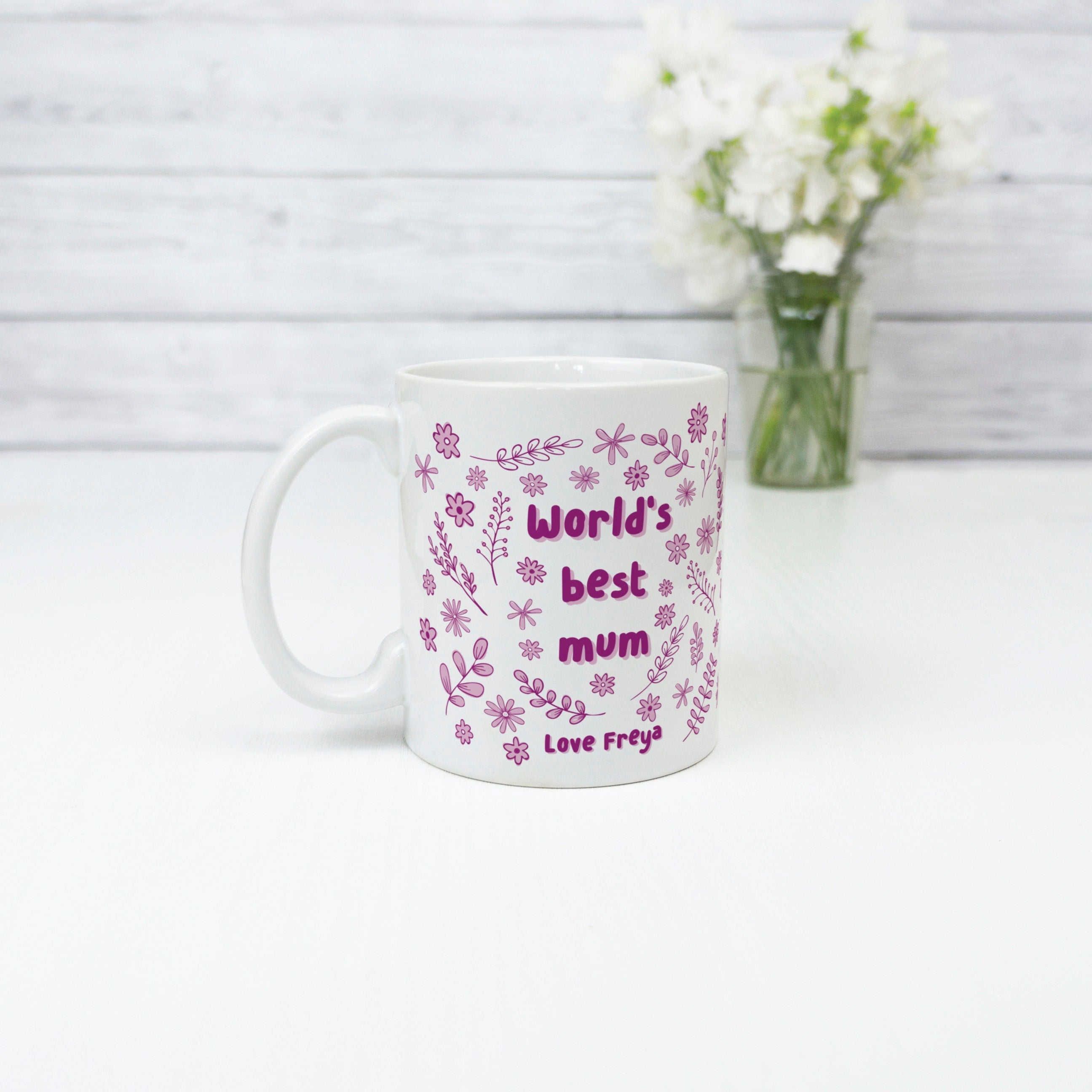 World's Best Mum mug for Mothers Day gift for her. First Mother's Day gift for mummy from son or daughter baby child Pink purple floral