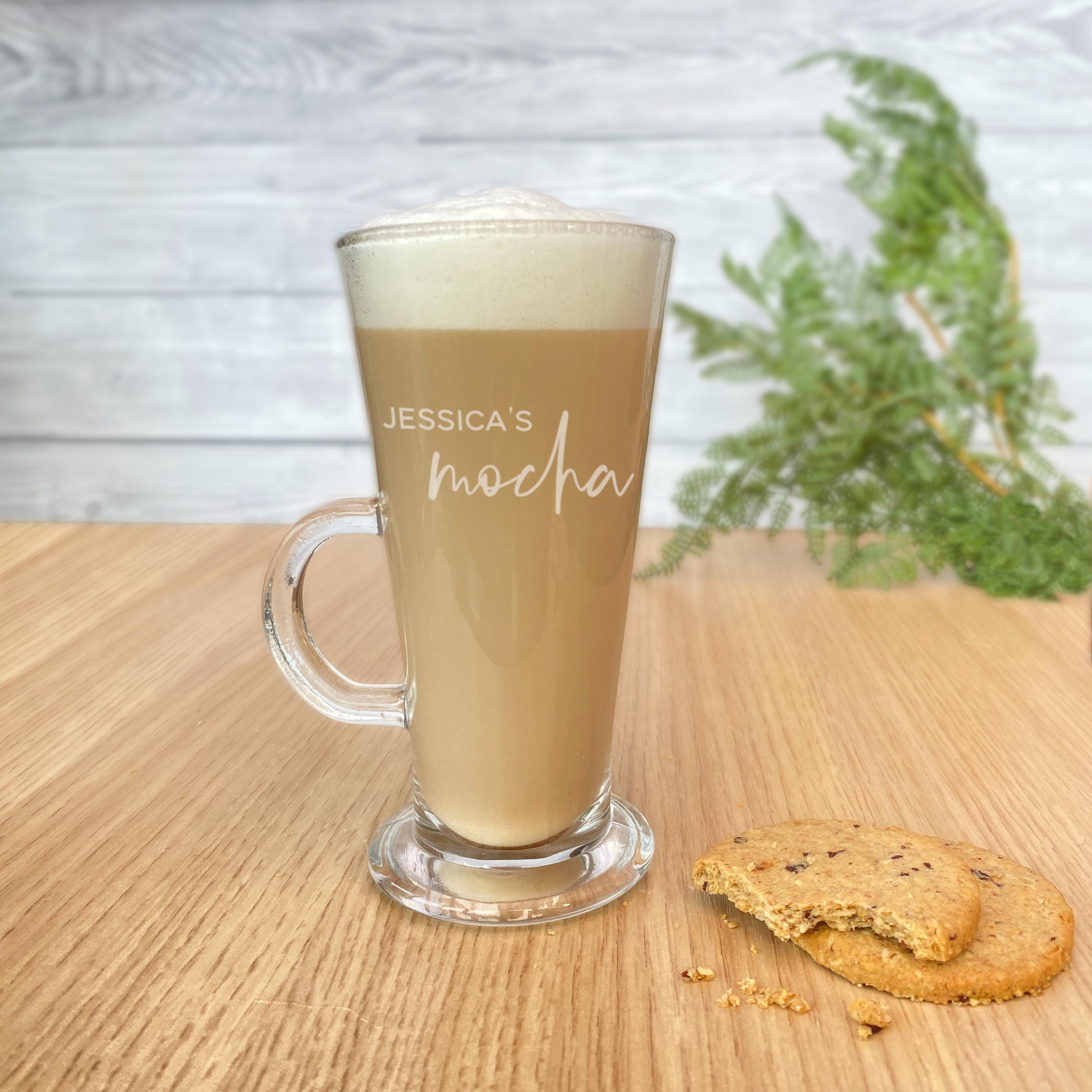 Personalised mocha coffee glass with engraved custom name on tall drinks glasses. Christmas gift for him or her stocking filler present idea