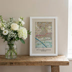 OS Map Print on linen fabric framed for 4th or 12th wedding anniversary gift. Custom location