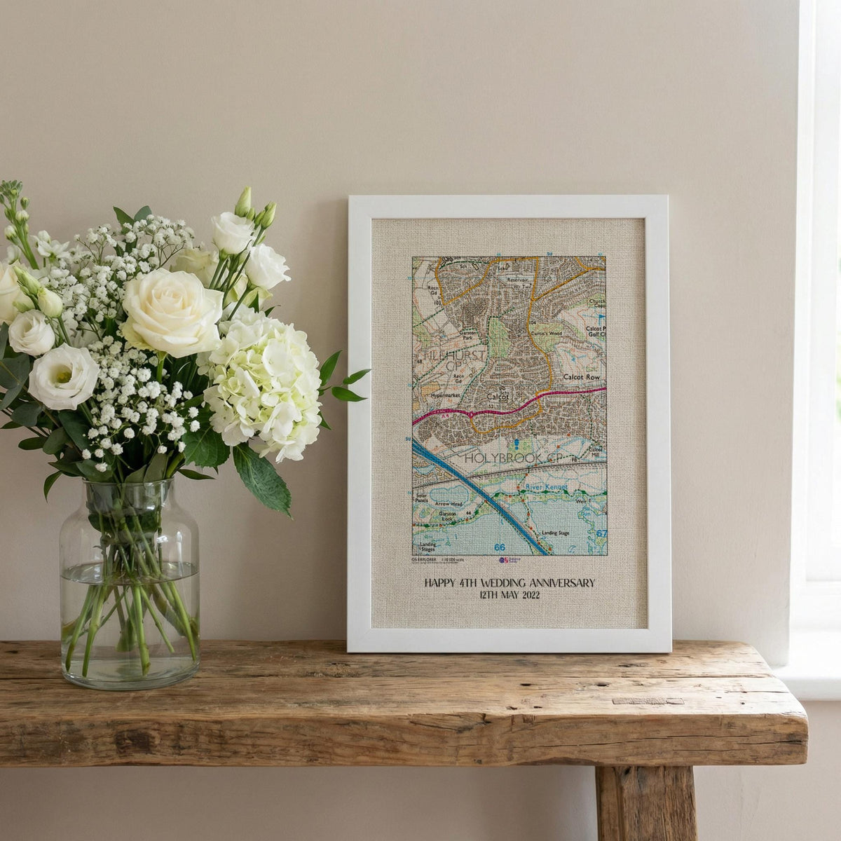 OS Map Print on linen fabric framed for 4th or 12th wedding anniversary gift. Custom location