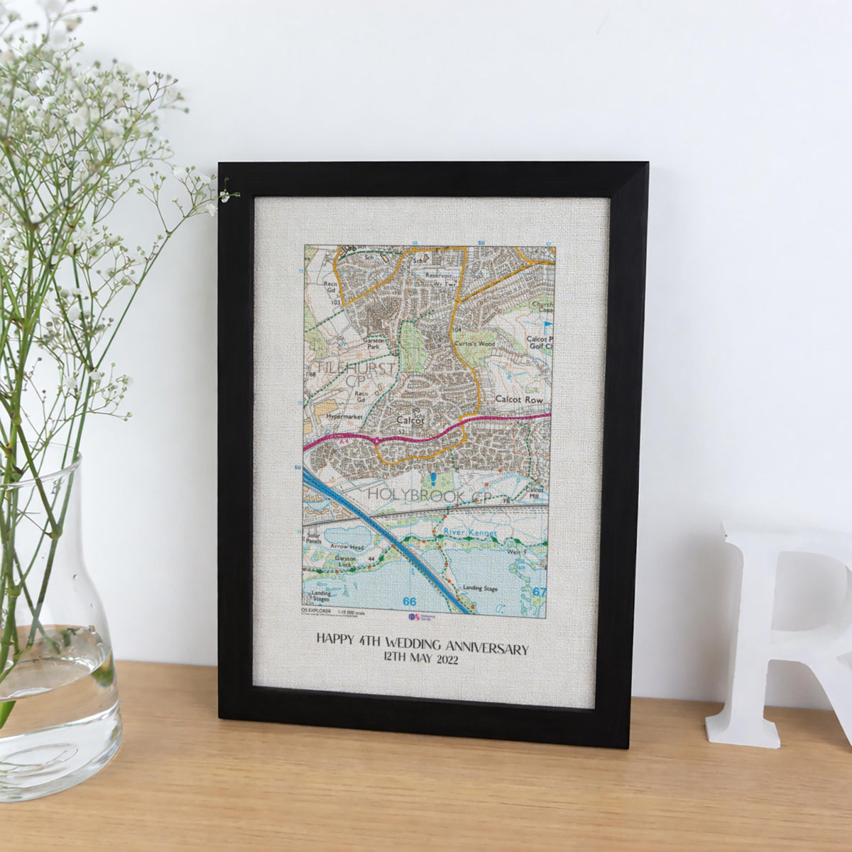 OS Map Print on linen fabric framed for 4th or 12th wedding anniversary gift. Custom location
