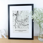 4th wedding anniversary custom linen map printed in black & white on fabric and framed
