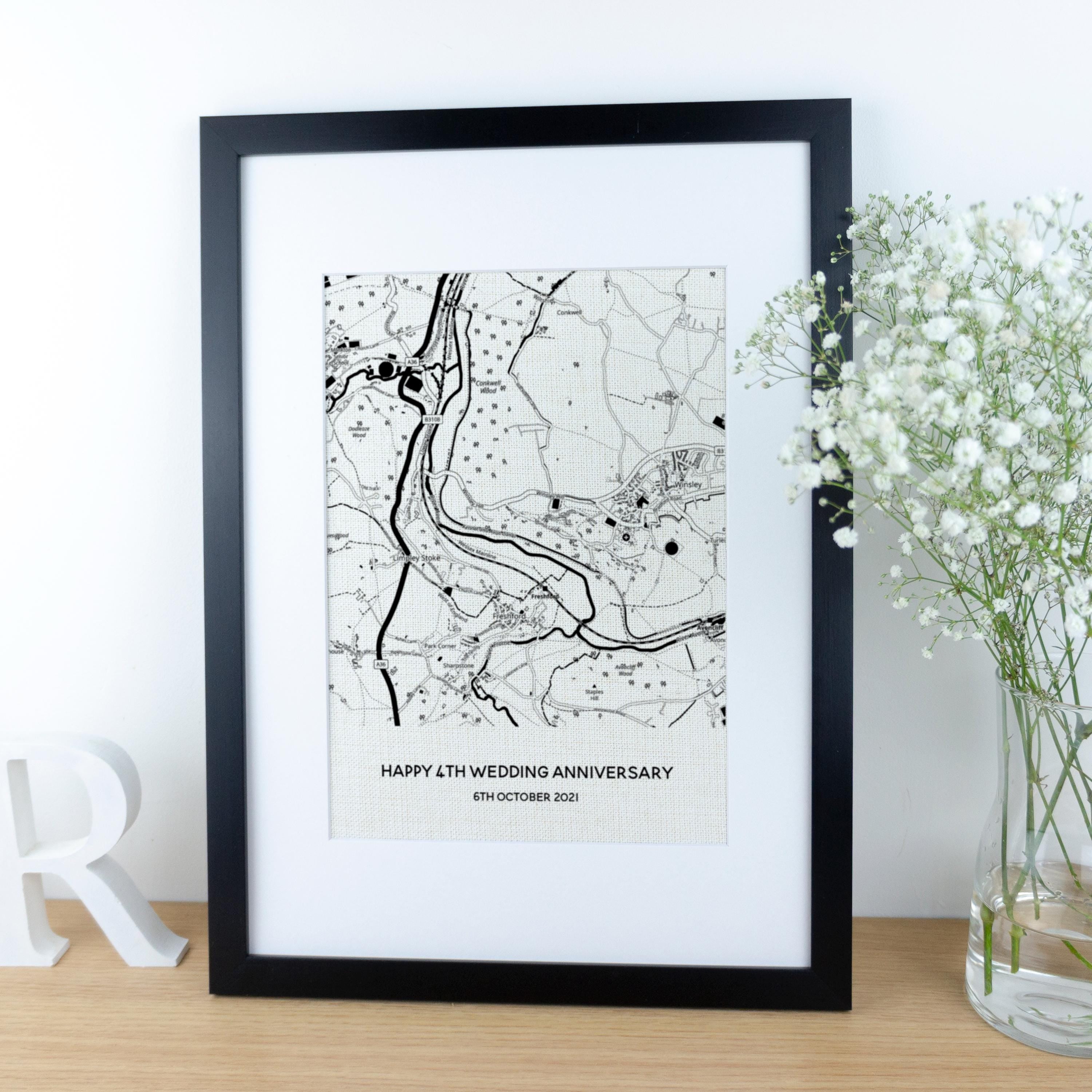 4th wedding anniversary custom linen map printed in black & white on fabric and framed