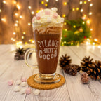 Hot cocoa glass personalised with engraved name. Tall hot chocolate glasses