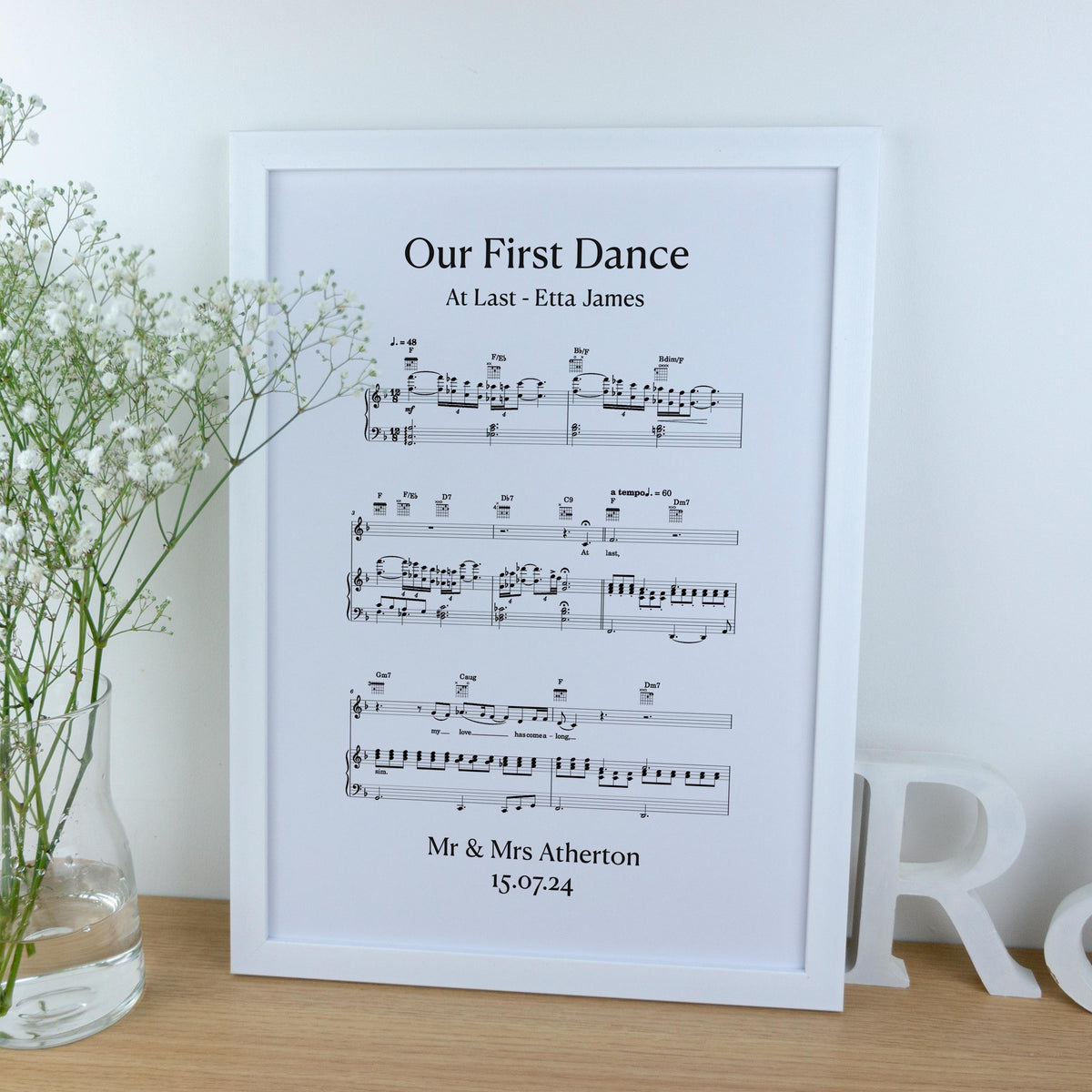 First dance song sheet music print on card for 1st paper anniversary