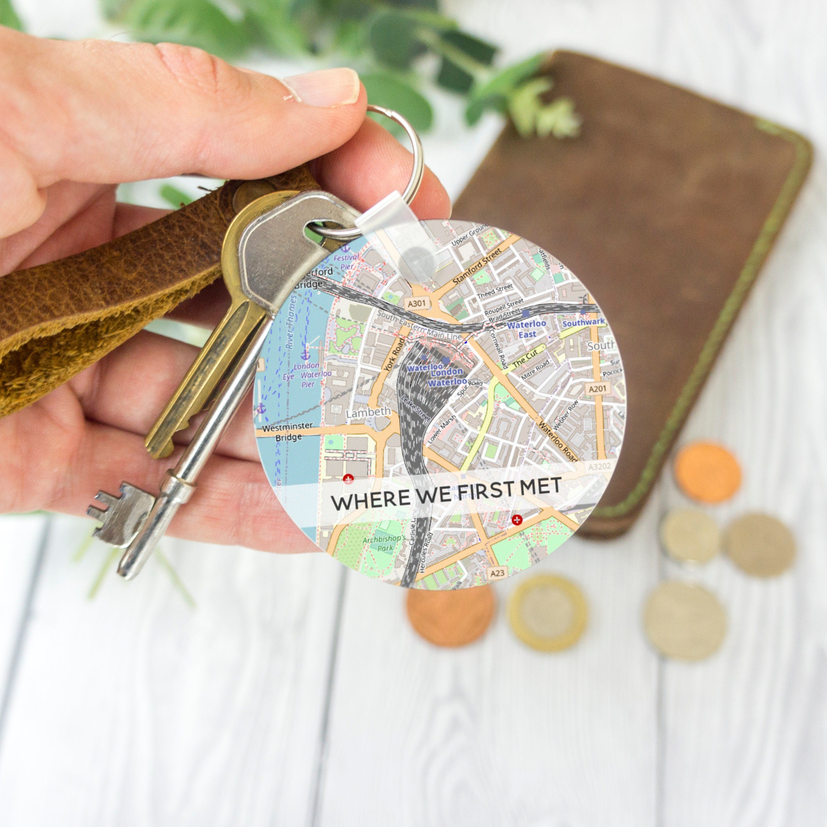 Map keyring personalised with map. Anniversary gift for boyfriend or girlfriend. First date key fob Valentines gift for him or her Christmas