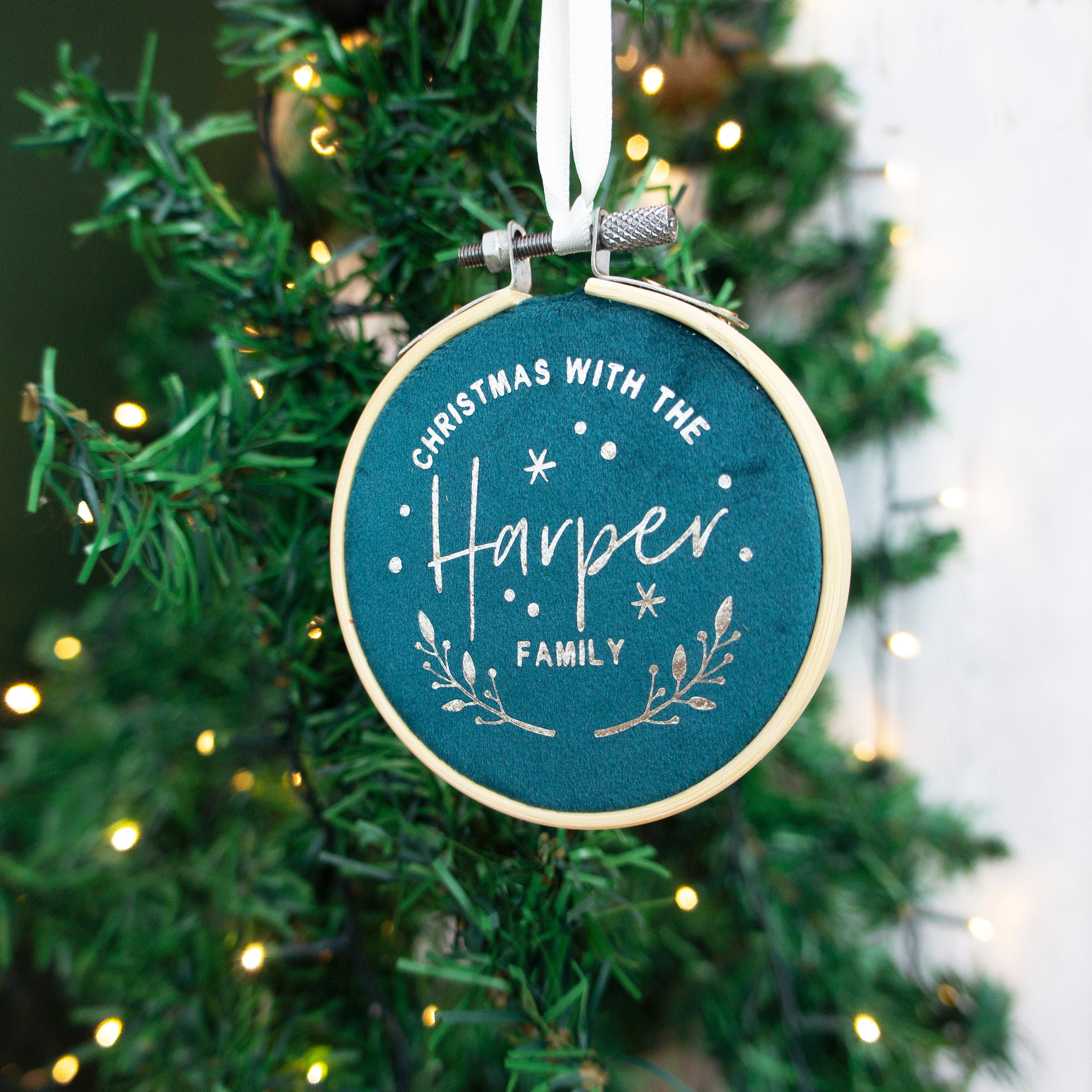 Christmas Tree Ornament: Velvet Embroidery Bauble (Gold or Silver, Personalised)